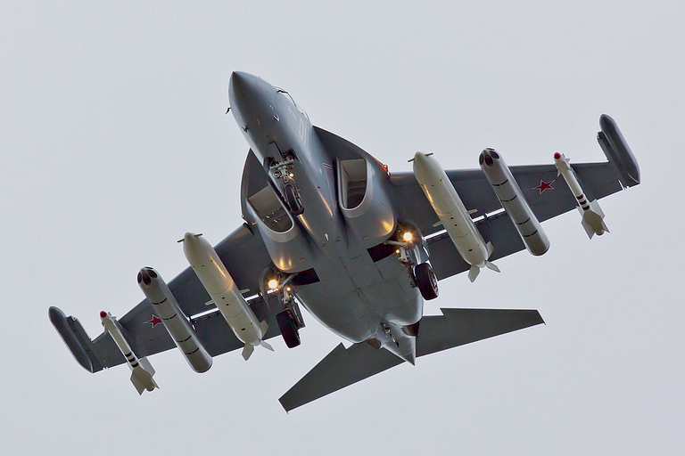 A Yak-130 on static display at the Farnborough International Airshow.