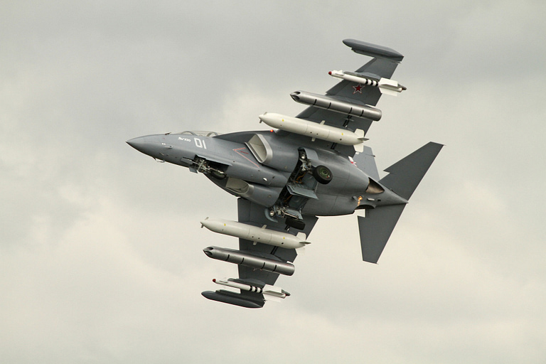 A Yakovlev Yak-130 Mitten advanced jet trainer in flight.