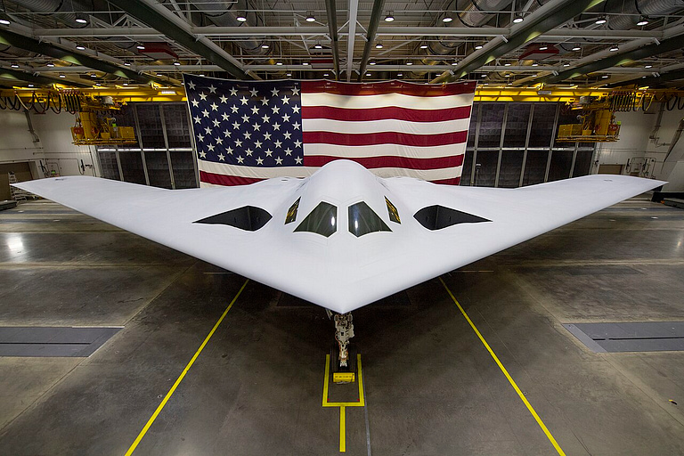 Head-on view of the B-21 Raider flying-wing bomber