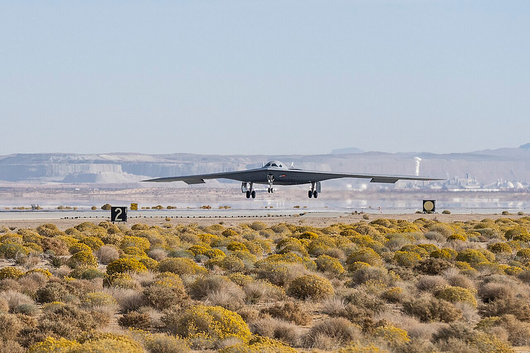 B-21 Raider on approach to land at Edwards Air Force Base