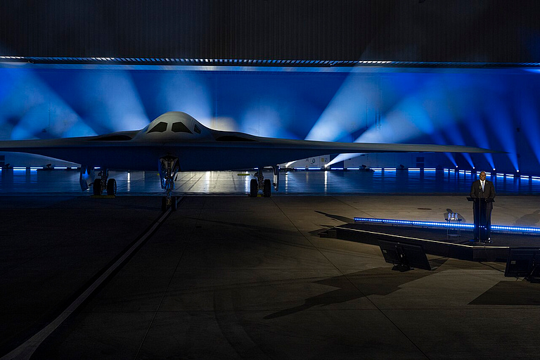 Defense Secretary Lloyd Austin speaking at the B-21 Raider unveiling