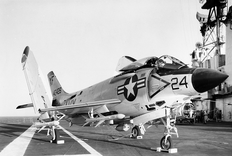 An F3H-2 Demon of test squadron VX-4 aboard USS Midway, 1957 carrier work was the types whole purpose.