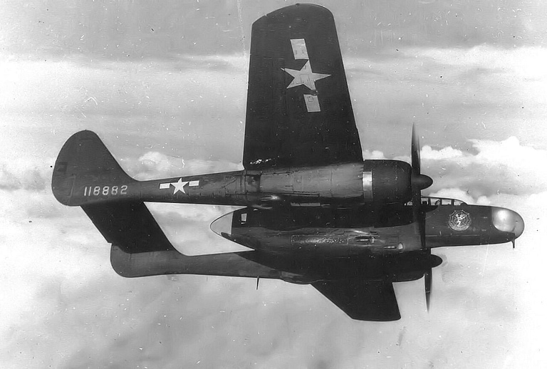 Northrop YP-61 Black Widow in flight, underside view