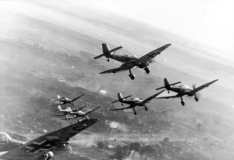 Junkers Ju 87 Stuka dive bombers in formation the type that spearheaded the early Blitzkrieg.