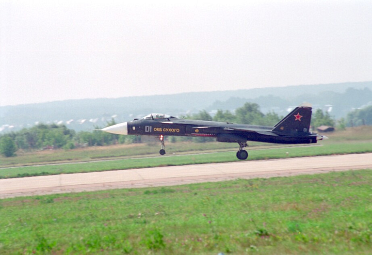 The S-37 demonstrator airborne during early flight testing the forward-swept wings that define the type.