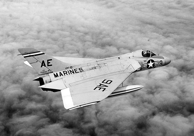 A Marine F4D-1 Skyray in flight, 1957 the bat-winged delta the Navy called the Ford.