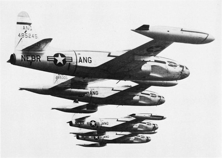 Formation of three Lockheed F-80 Shooting Stars in flight