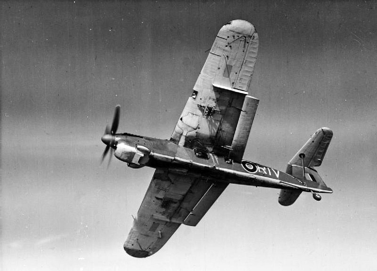 A Fairey Barracuda Mk II in flight showing its high shoulder wing and large Youngman flaps