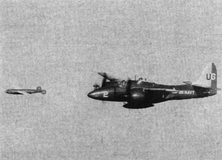 Grumman F7F-2D Tigercat in flight with a target drone