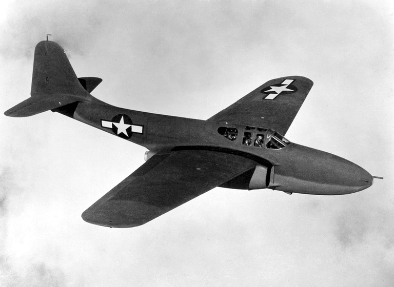 A Bell YP-59A service-test Airacomet in flight during the 1943 evaluation programme.