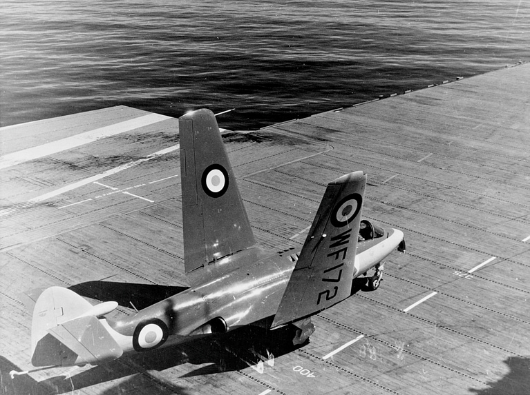 A Sea Hawk F.1 with its wings folded for carrier stowage, 1953 a key feature for below-deck operations.