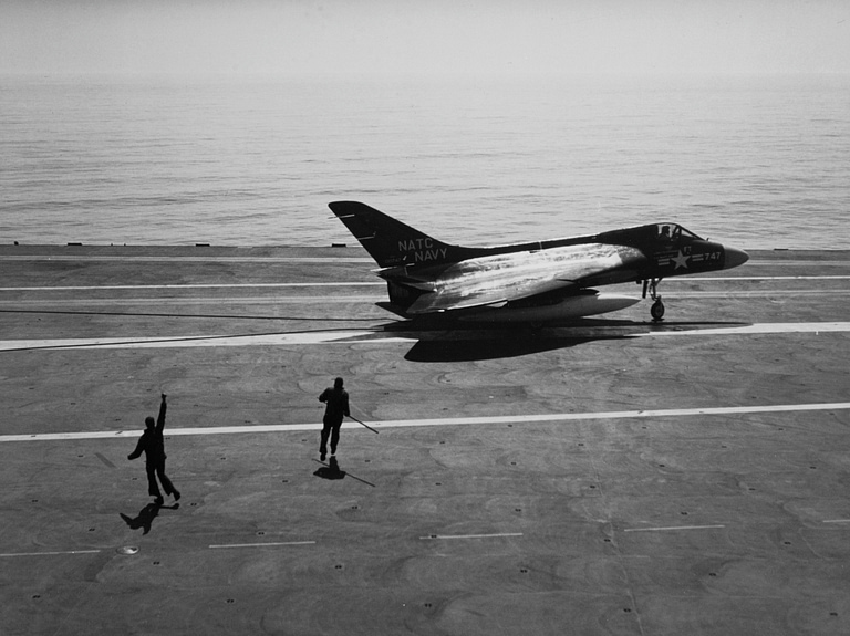 A Skyray on the deck of USS Forrestal just after recovery, 19 April 1956.