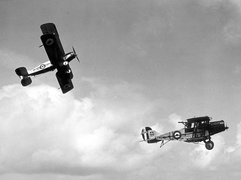 A formation of RAF Bristol F.2B Fighters in flight