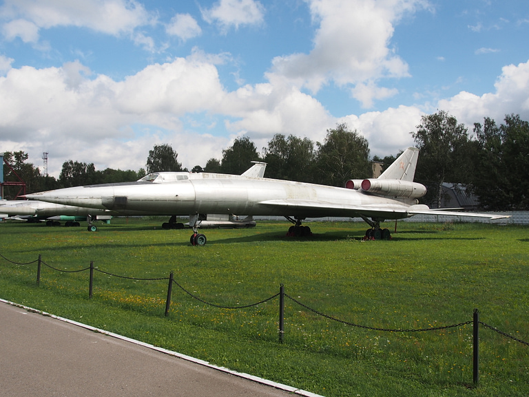 A preserved Tu-22 in full side profile at the Central Air Force Museum, Monino, showing the twin tail-base engines.
