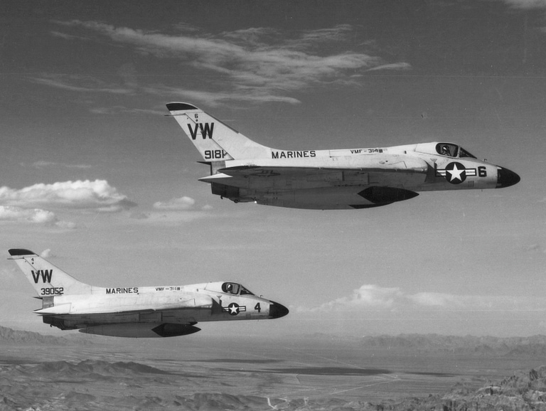 Two Marine VMF-314 Skyrays in flight, 1960, showing the big low-set delta wing.