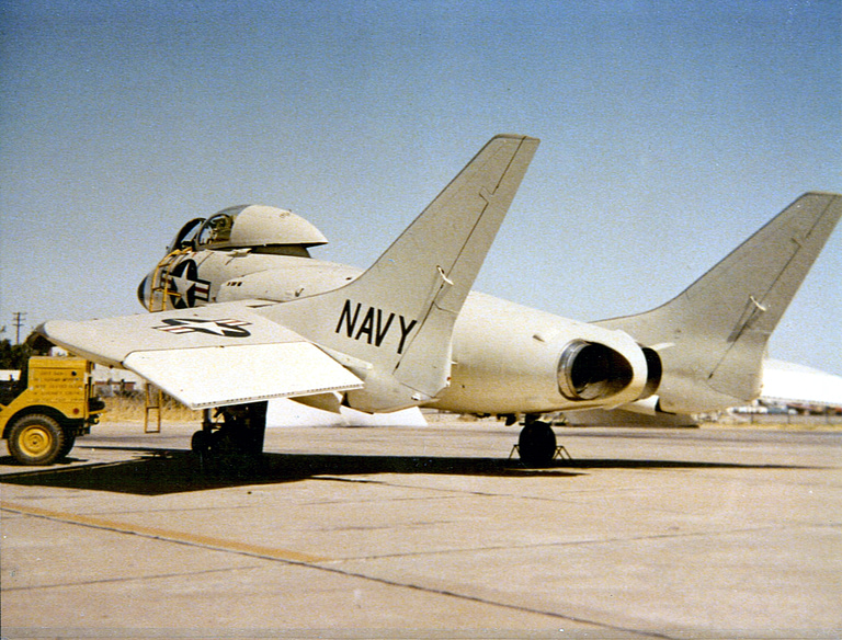 A Vought F7U Cutlass parked on deck, c1956 the low, wide, tailless carrier fighter at rest.