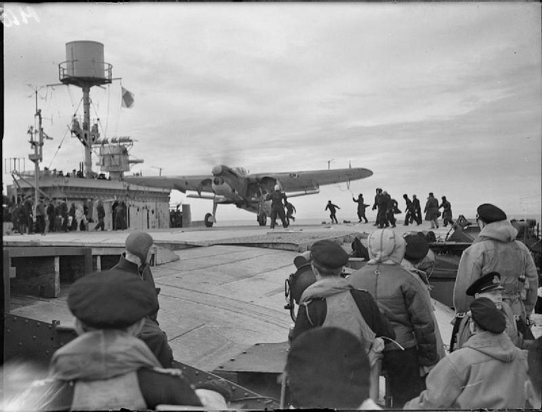 A Fairey Barracuda of 827 Squadron returning to HMS Furious during Operation Goodwood