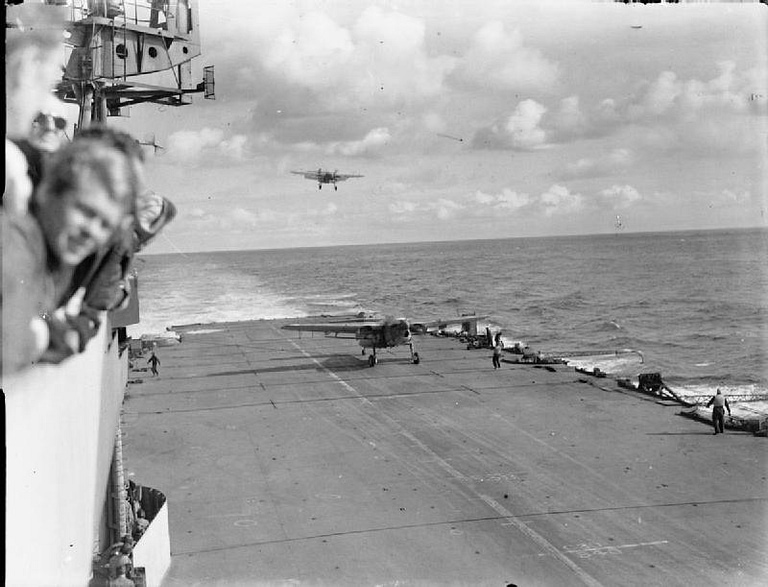 Fairey Barracudas landing on HMS Formidable after attacking the Tirpitz off Norway