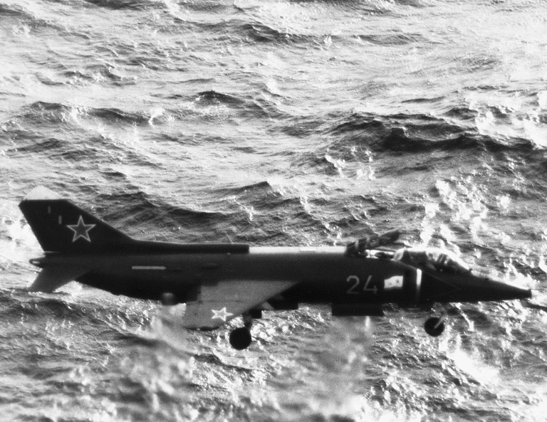 A Yakovlev Yak-38 Forger in level flight the Soviet Navys VTOL naval fighter.