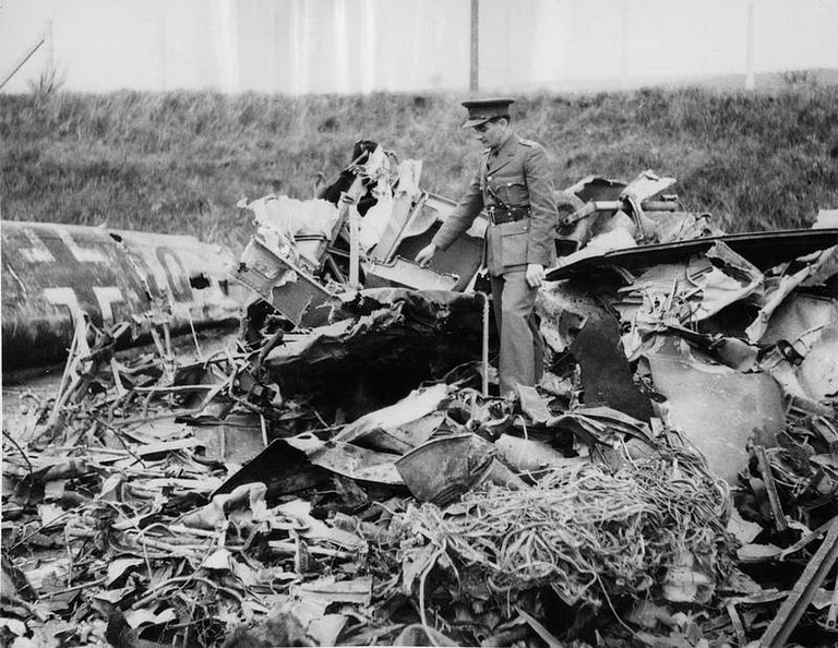 The wreckage of the Bf 110 flown by Rudolf Hess on his solo flight to Scotland, May 1941.