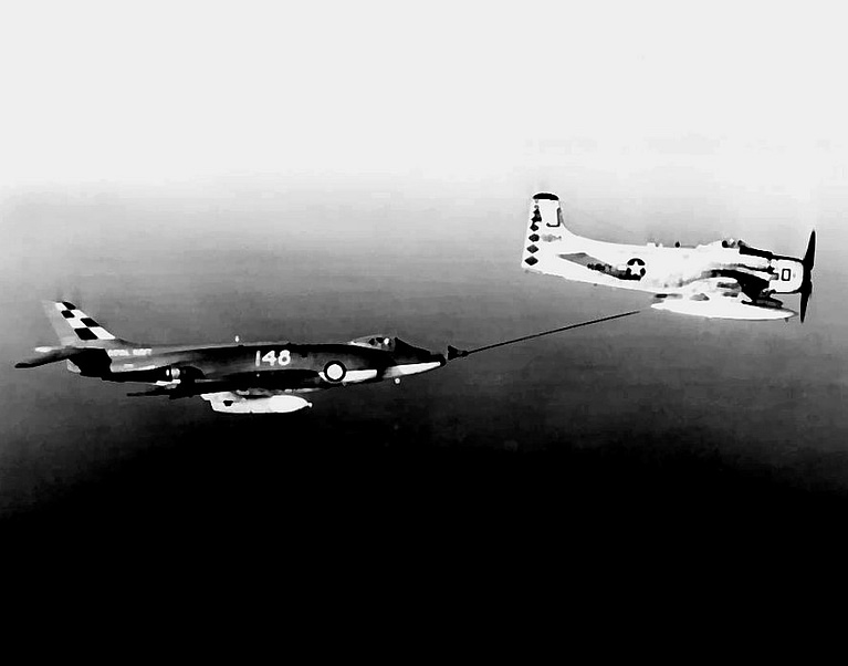 A Scimitar takes on fuel in 1960 the type later became a buddy tanker itself.
