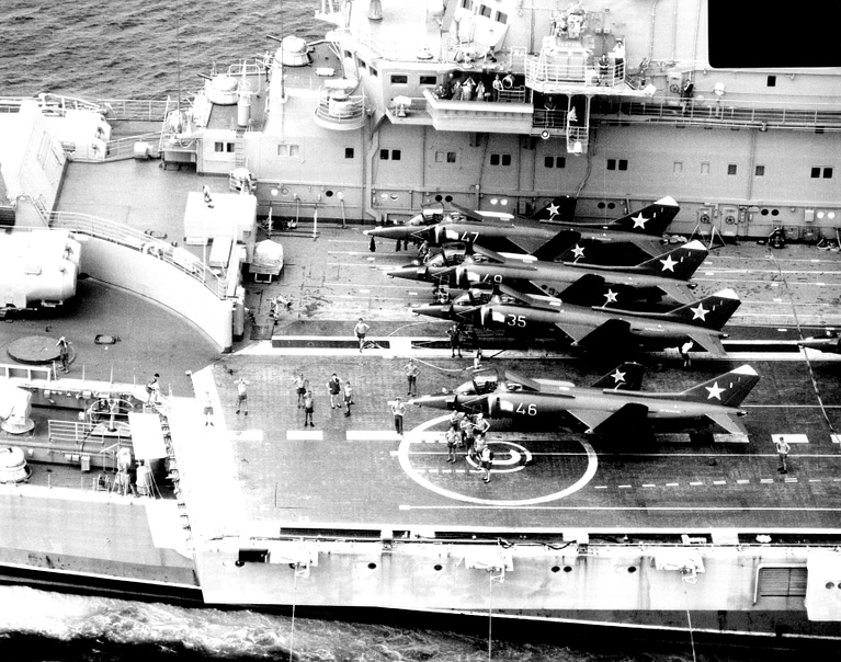 The Kiev-class carrier Minsk underway with four Yak-38s spotted on the flight deck.