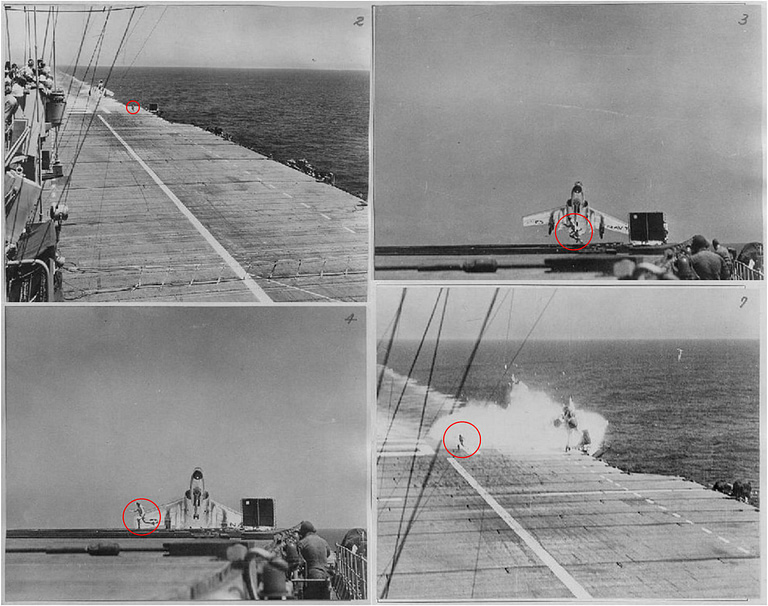 A landing signal officer waves a Cutlass aboard nose reared high on its tall gear, the praying mantis stance.