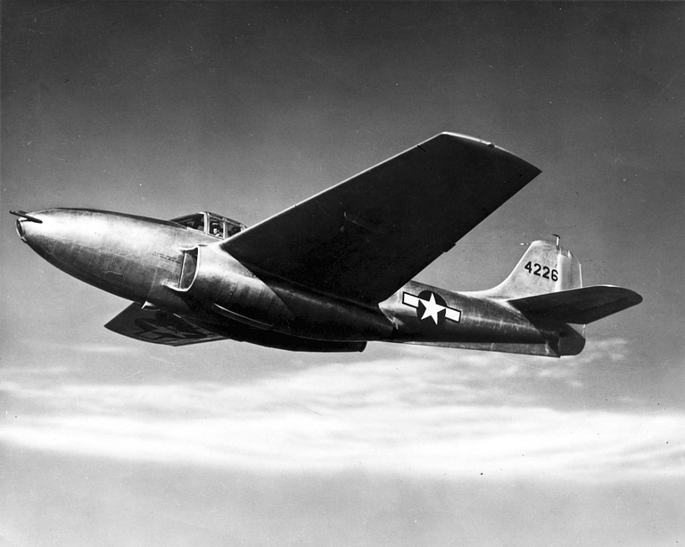 A Bell P-59 Airacomet in flight the first jet aircraft designed and built in the United States.