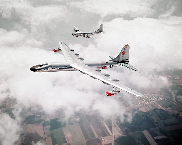The one-off NB-36H reactor testbed flying with a B-50 escort in 1955.