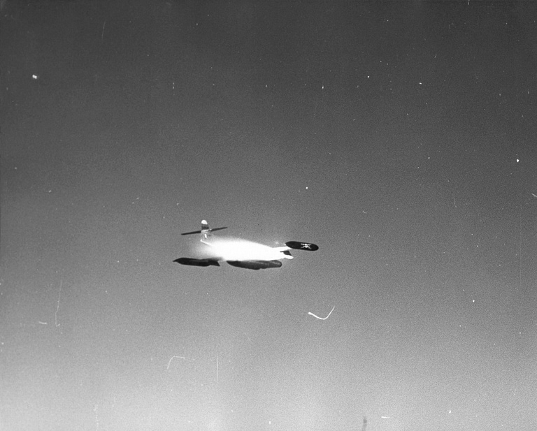 An F-89J launching the live nuclear AIR-2 Genie rocket during the 1957 John test.
