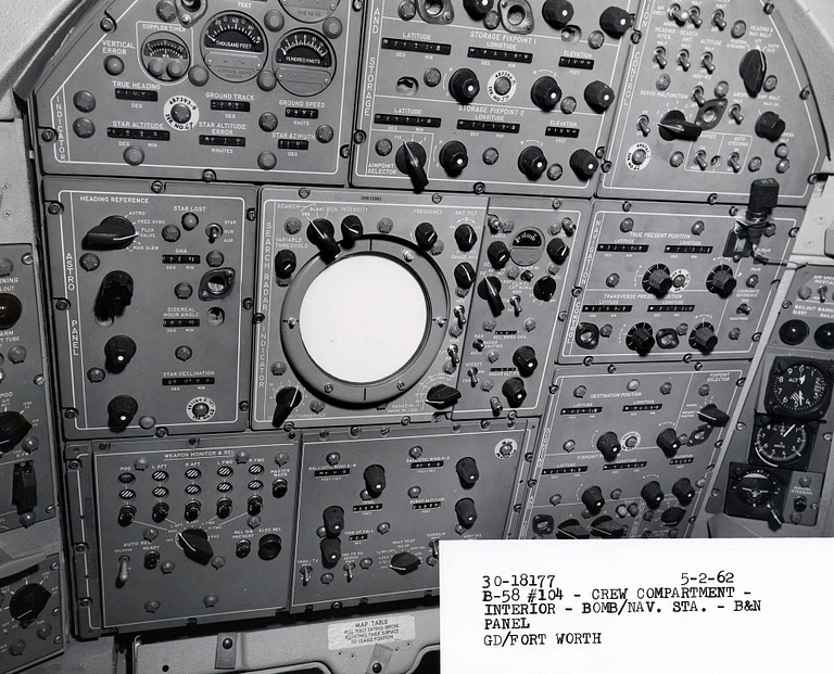 The forward panel of the B-58s bombardier-navigator station.