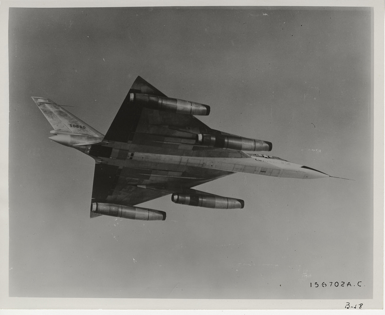 A Convair B-58 Hustler in flight the first bomber able to sustain Mach 2.