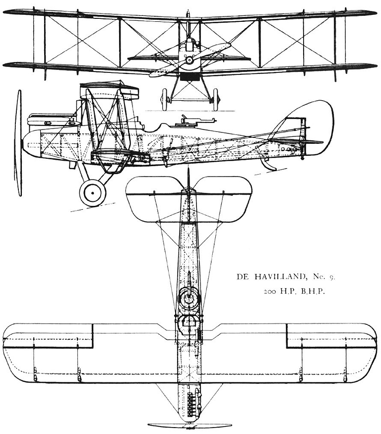 A period three-view general-arrangement drawing of the Airco DH.9.