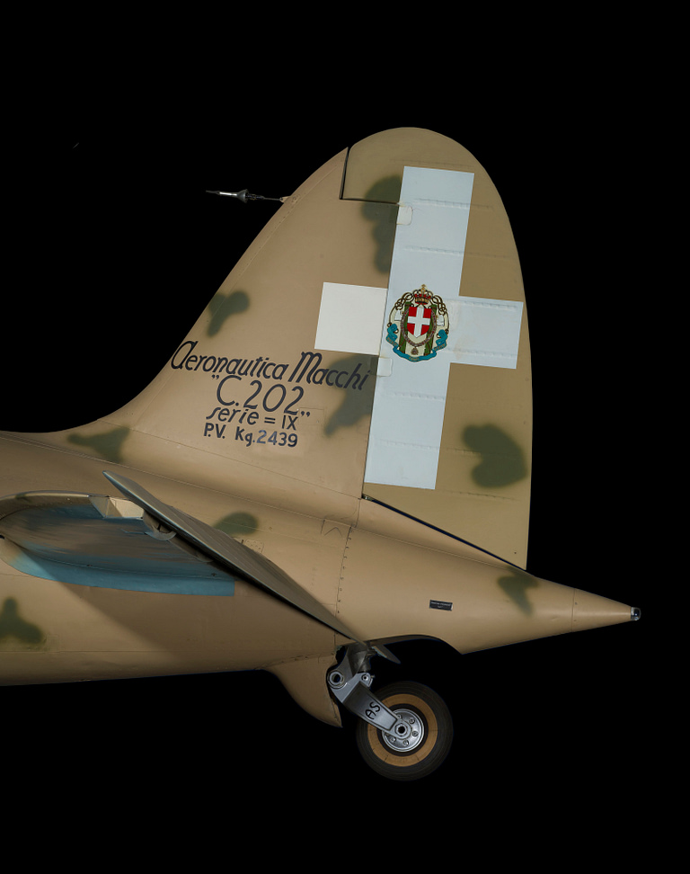 Tail detail of a preserved Macchi C.202 Folgore with the Savoia cross