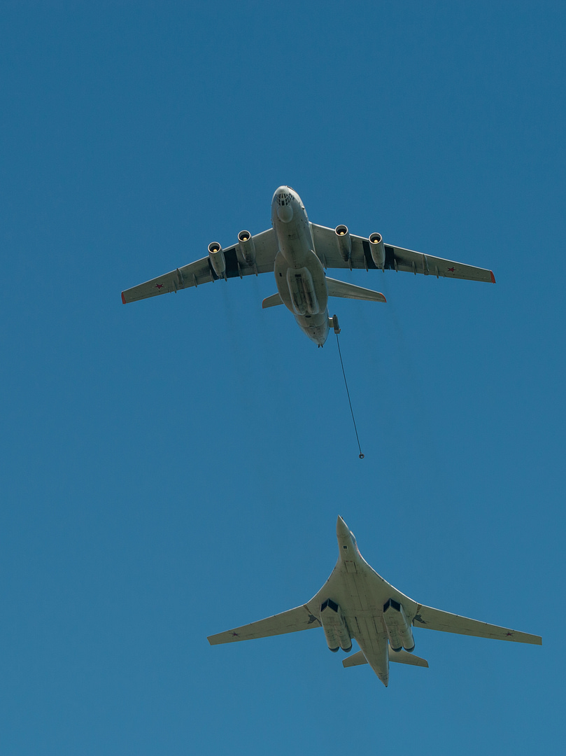 A Tu-160 lines up behind an Il-78 tanker aerial refuelling extends its intercontinental reach.