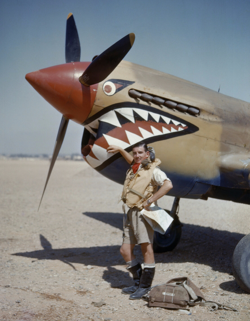 A Curtiss Kittyhawk Mk I of RAF No. 112 Squadron in the Western Desert, Egypt, 1942 the unit whose shark-mouth the Flying Tigers copied.