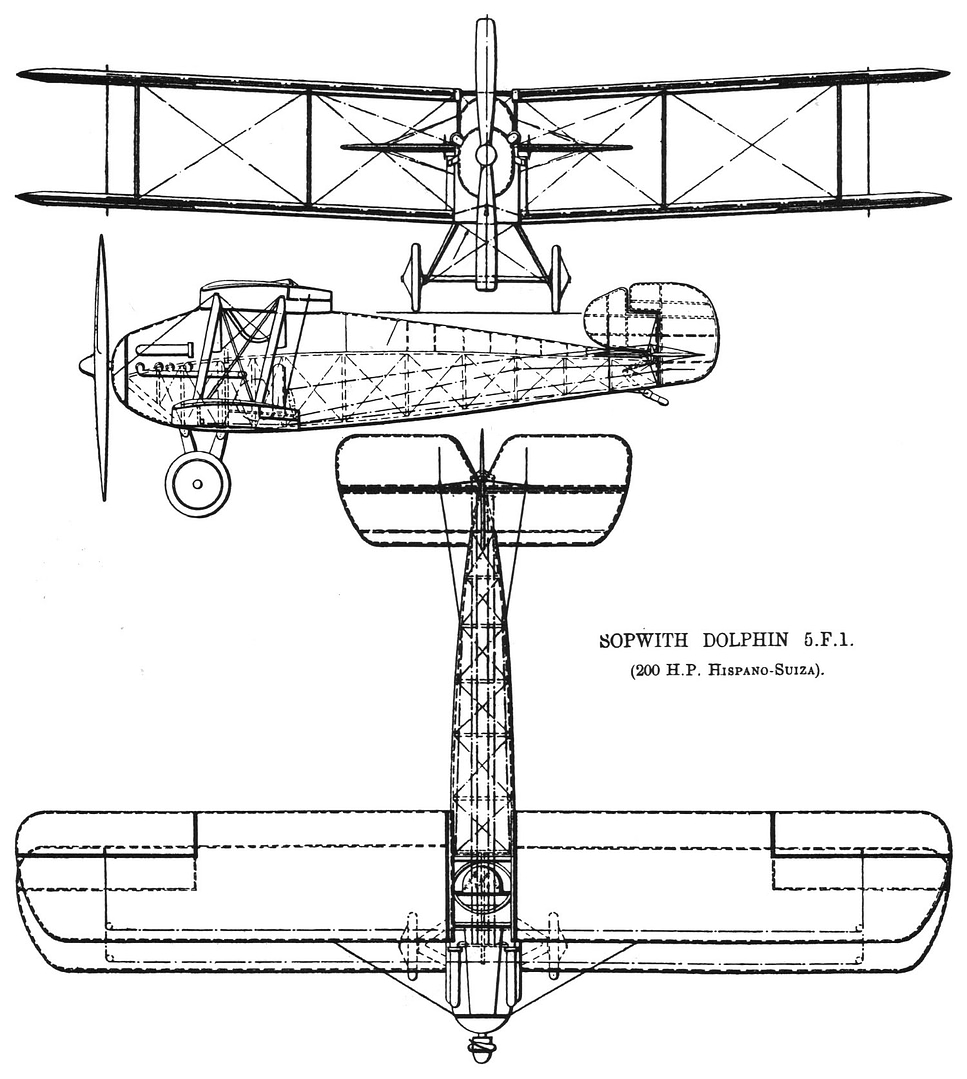 Three-view general-arrangement drawing of the Sopwith 5F.1 Dolphin showing its negatively staggered wings