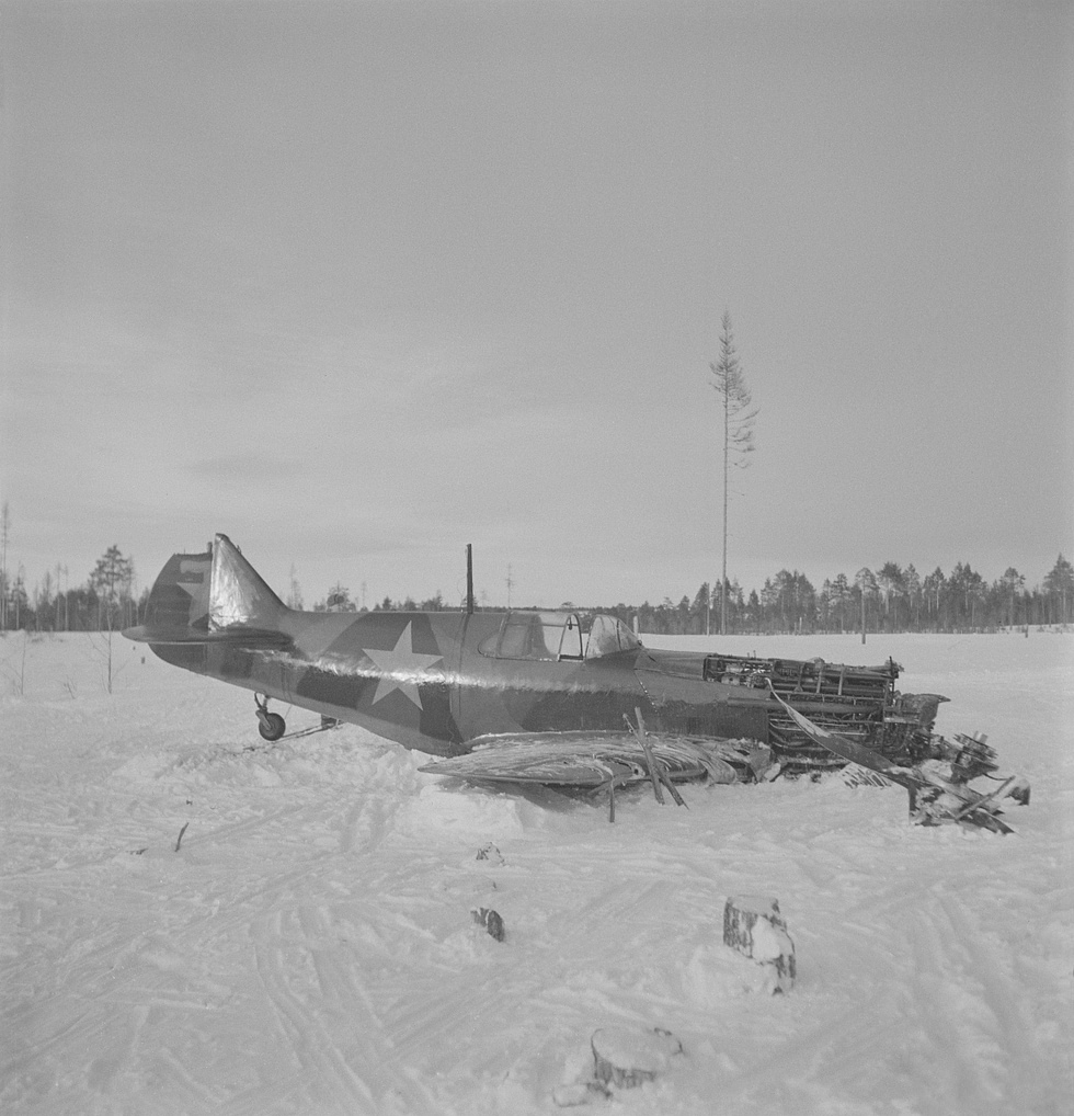 A Soviet LaGG-3 forced down and lying in forest near Nurmoila, 1942 an authentic wartime image.