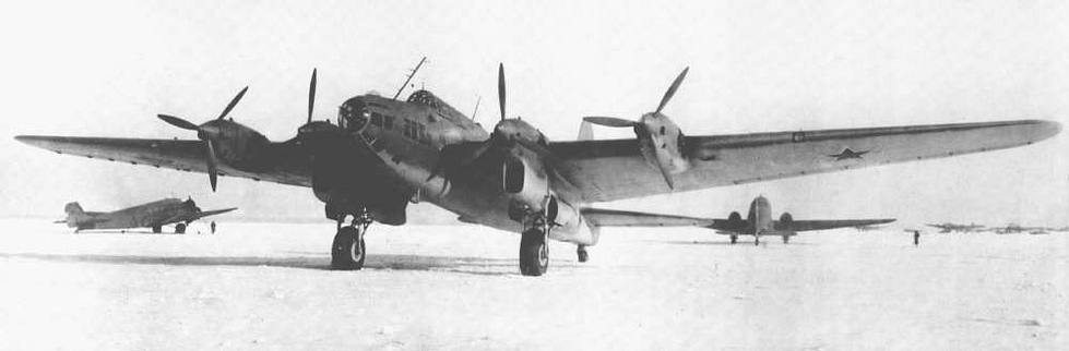 A Pe-8 on the ground: four Mikulin AM-35A inline engines and a 39-metre wing.
