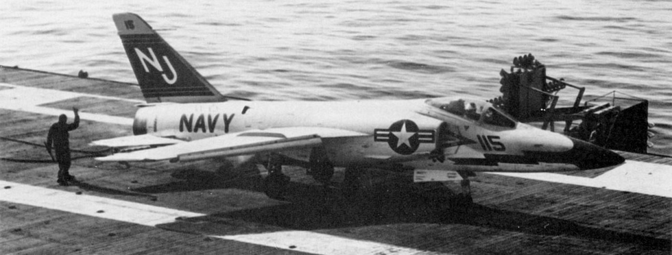 An F11F-1 Tiger of VF-121 recovering aboard a carrier a compact fighter built for the deck.