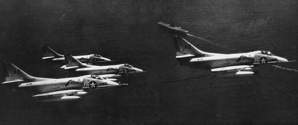 A4D Skyhawks over USS Randolph in 1958 a carrier jet whose wings never folded.
