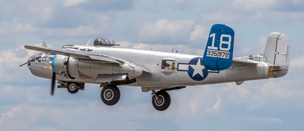 A preserved B-25J Mitchell one of about thirty still airworthy on the warbird circuit.