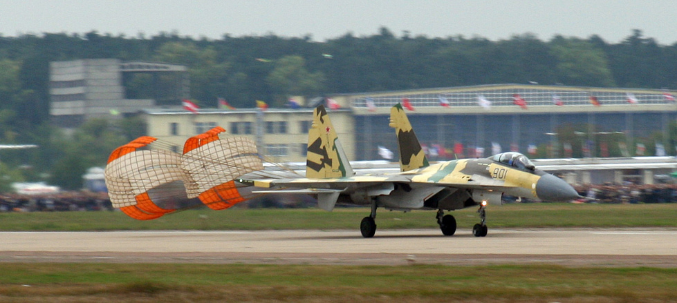 The Su-35 at an airshow, showing off the manoeuvrability that made its name.