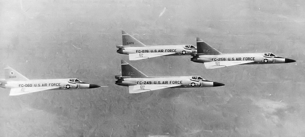 A four-ship formation of F-102A Delta Daggers the interceptors that stood continental alert.