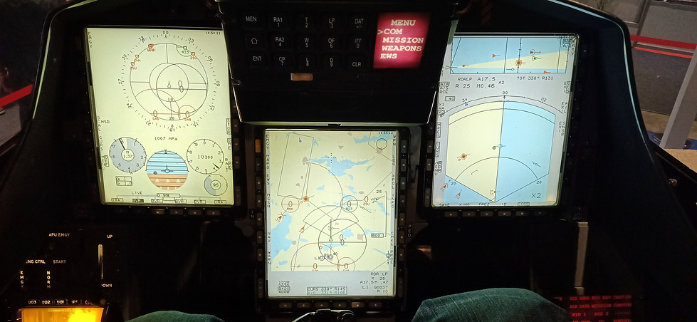 Inside the Gripen: multifunction displays and a modern glass cockpit.