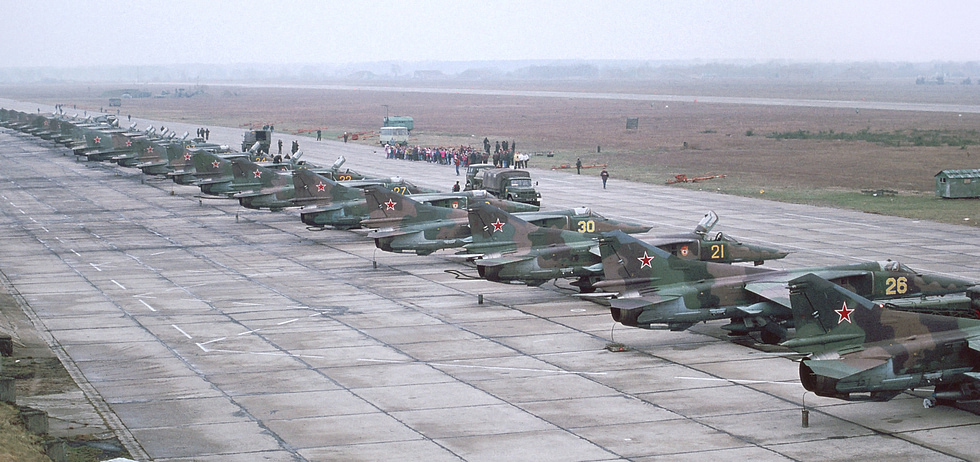 A preserved MiG-27 with its variable-geometry wing clearly visible.