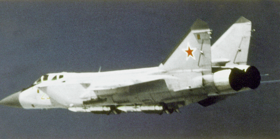 A MiG-31 in flight the big, fast airframe that remains the quickest combat jet in service.
