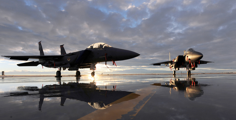 A pair of F-15E Strike Eagles in formation the two-seat, dual-role deep-strike Eagle.