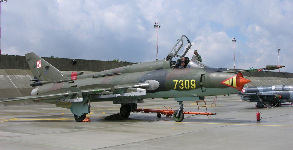 A Polish Su-22M-4 with wings spread forward the low-speed setting for takeoff and landing.
