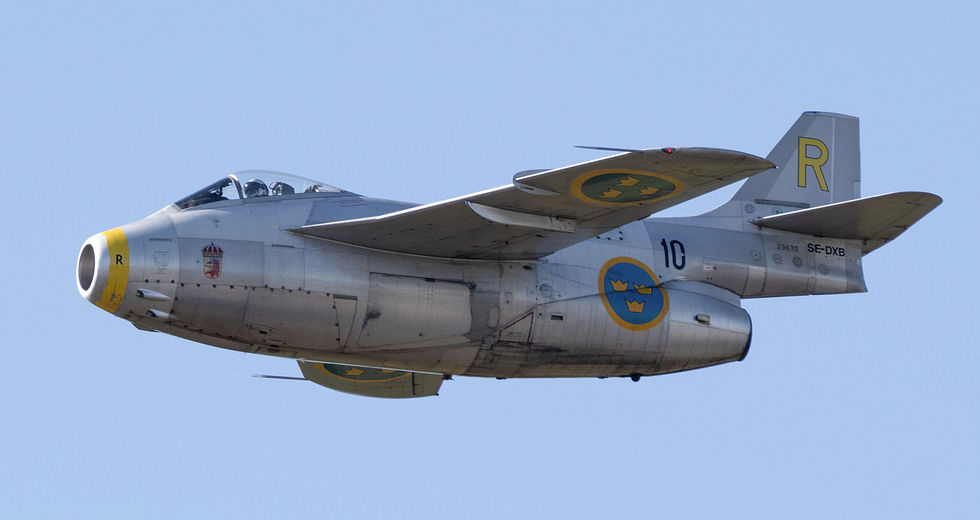 A Saab 29 Tunnan of the Swedish Air Force Historic Flight airborne the last flying barrel.